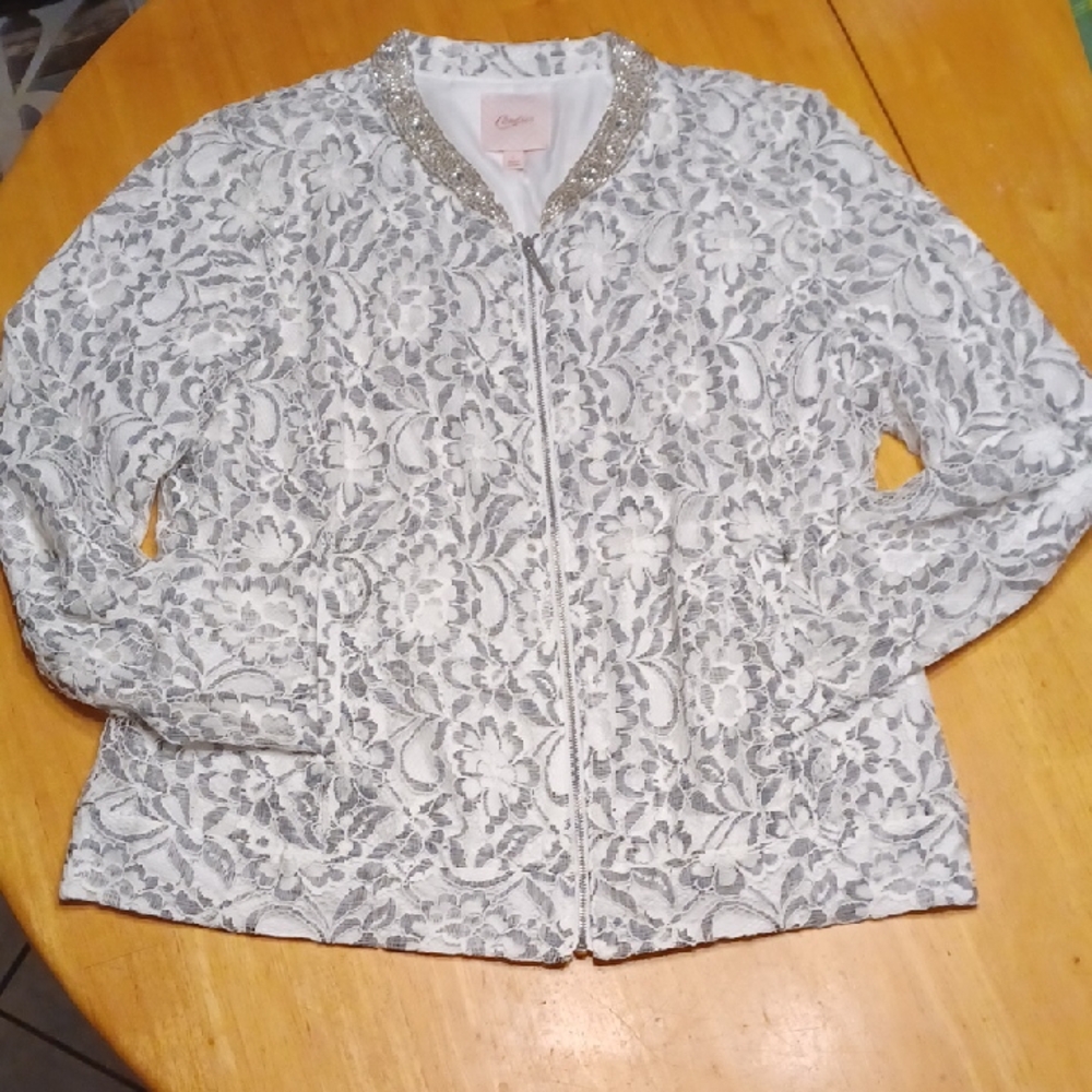 Candie's White Lace Jacket with Silver Beaded Collar Size L